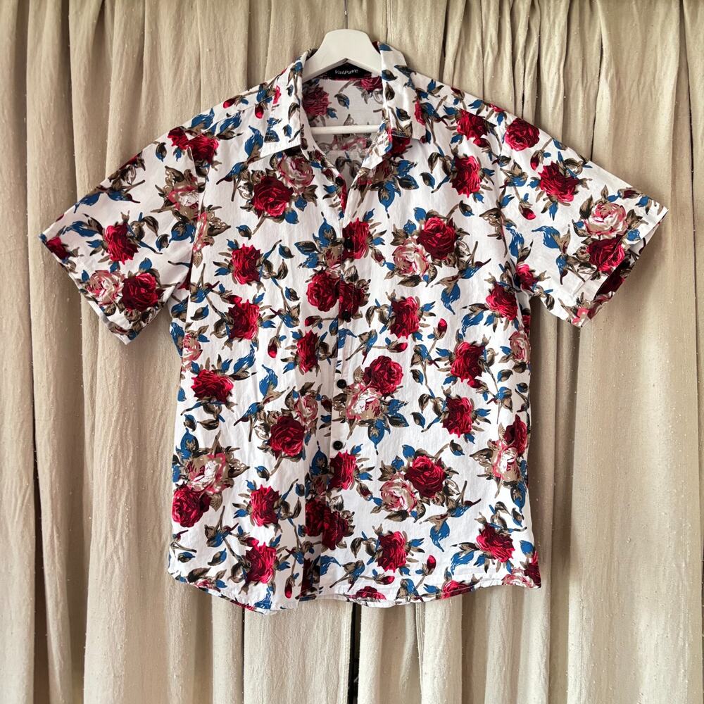 VatPave White Rose Floral Button Down Shirt 100% Cotton Short Sleeve Size M